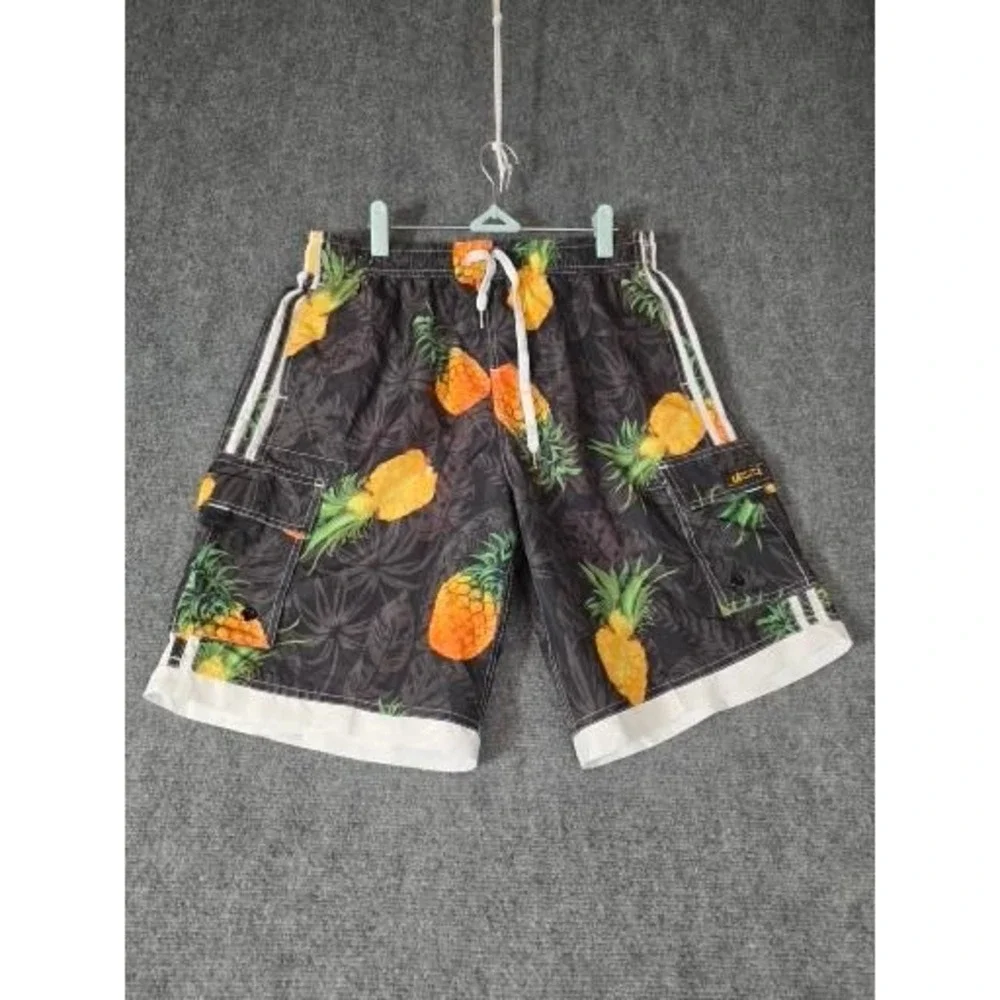 UZZI Mens Pineapple Print Cargo Swim Trunks Black Tropical Board Shorts‎ Sz M